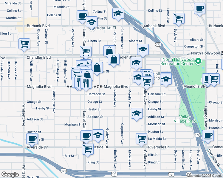 map of restaurants, bars, coffee shops, grocery stores, and more near 5150 Radford Avenue in Los Angeles