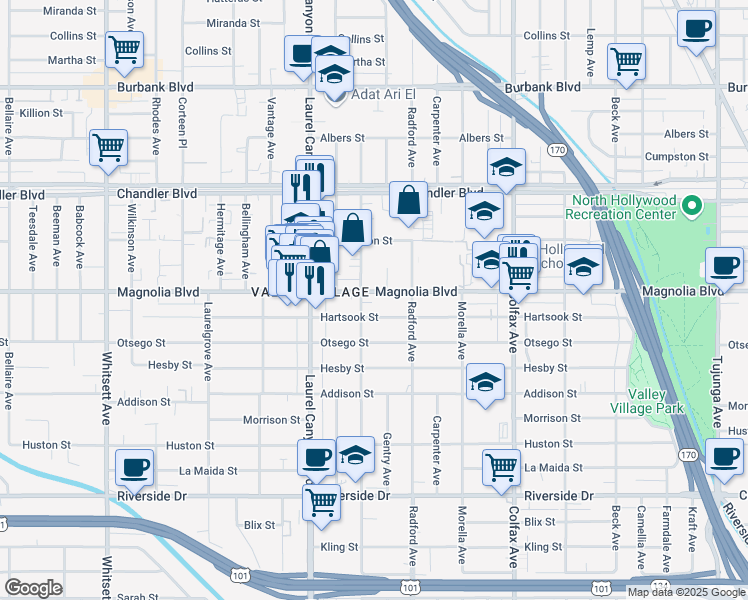 map of restaurants, bars, coffee shops, grocery stores, and more near 11942 Hartsook Street in Los Angeles