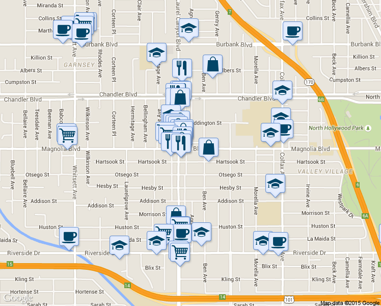map of restaurants, bars, coffee shops, grocery stores, and more near 12021 Hartsook Street in Los Angeles