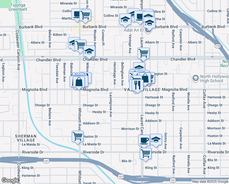 map of restaurants, bars, coffee shops, grocery stores, and more near 12305 Hartsook Street in Los Angeles