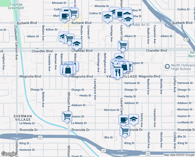map of restaurants, bars, coffee shops, grocery stores, and more near 12305 Hartsook Street in Los Angeles