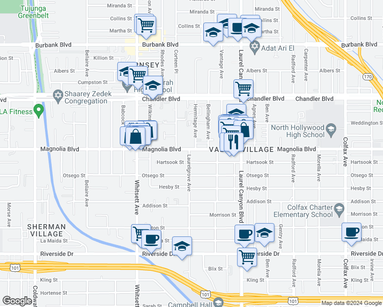 map of restaurants, bars, coffee shops, grocery stores, and more near 12305 Hartsook Street in Los Angeles