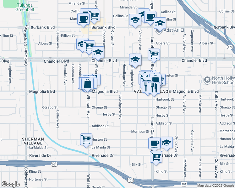 map of restaurants, bars, coffee shops, grocery stores, and more near 12305 Hartsook Street in Los Angeles