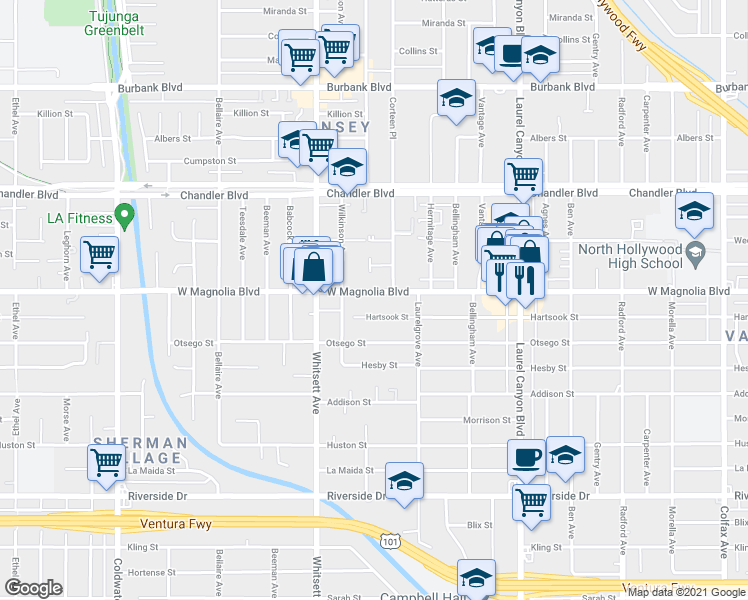 map of restaurants, bars, coffee shops, grocery stores, and more near 12345 Hartsook Street in Los Angeles