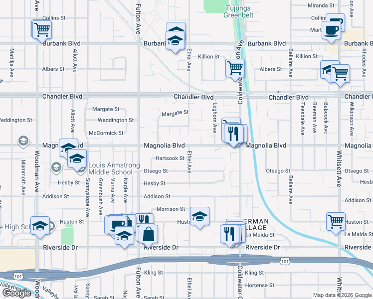 map of restaurants, bars, coffee shops, grocery stores, and more near 13125 Hartsook Street in Los Angeles