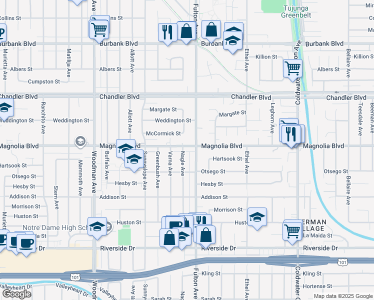 map of restaurants, bars, coffee shops, grocery stores, and more near 5136 Nagle Avenue in Los Angeles
