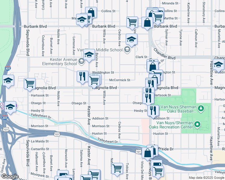 map of restaurants, bars, coffee shops, grocery stores, and more near 14709 Hartsook Street in Los Angeles