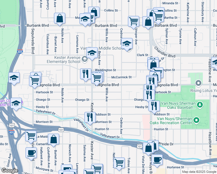 map of restaurants, bars, coffee shops, grocery stores, and more near 14753 Hartsook Street in Los Angeles