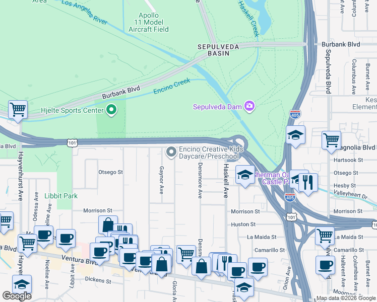 map of restaurants, bars, coffee shops, grocery stores, and more near 5161 Densmore Avenue in Los Angeles