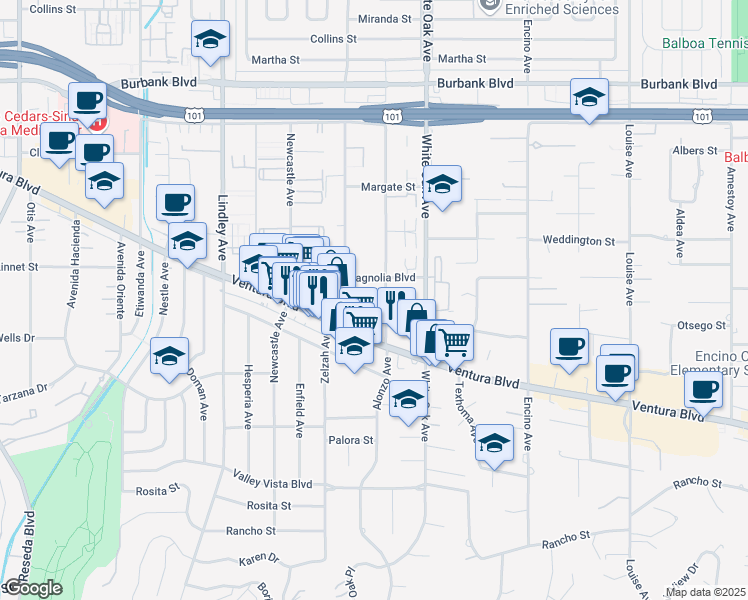 map of restaurants, bars, coffee shops, grocery stores, and more near 17815 Ventura Boulevard in Los Angeles