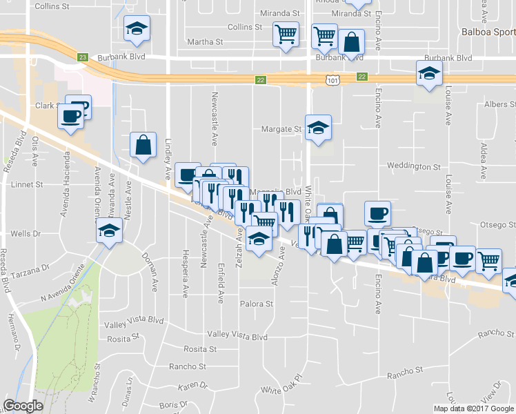 map of restaurants, bars, coffee shops, grocery stores, and more near 17815 Ventura Boulevard in Los Angeles