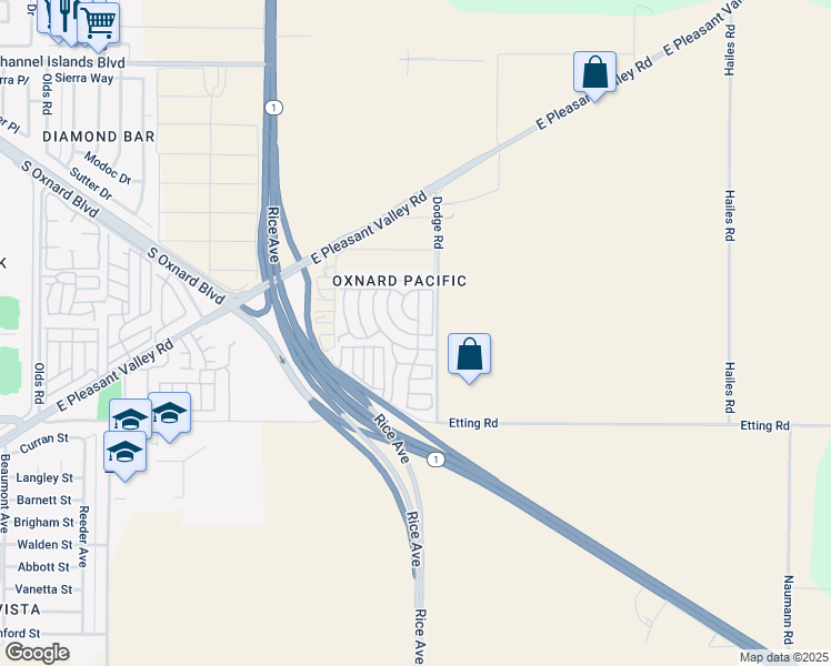 map of restaurants, bars, coffee shops, grocery stores, and more near 127 Rainbow Drive in Oxnard