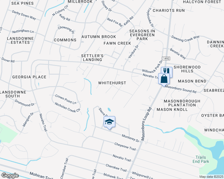 map of restaurants, bars, coffee shops, grocery stores, and more near 4217 Whitehurst Drive in Wilmington