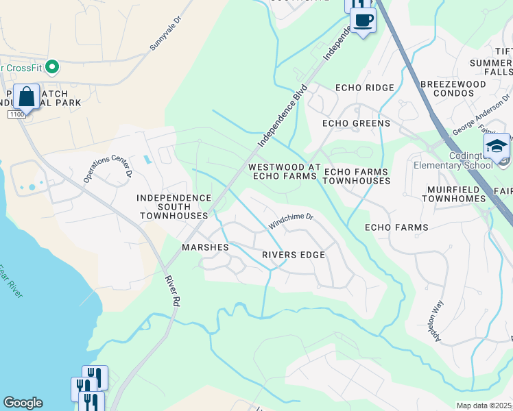 map of restaurants, bars, coffee shops, grocery stores, and more near 3818 Rounding Bend Lane in Wilmington