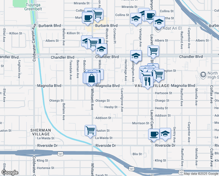 map of restaurants, bars, coffee shops, grocery stores, and more near 12345 Hartsook Street in Los Angeles