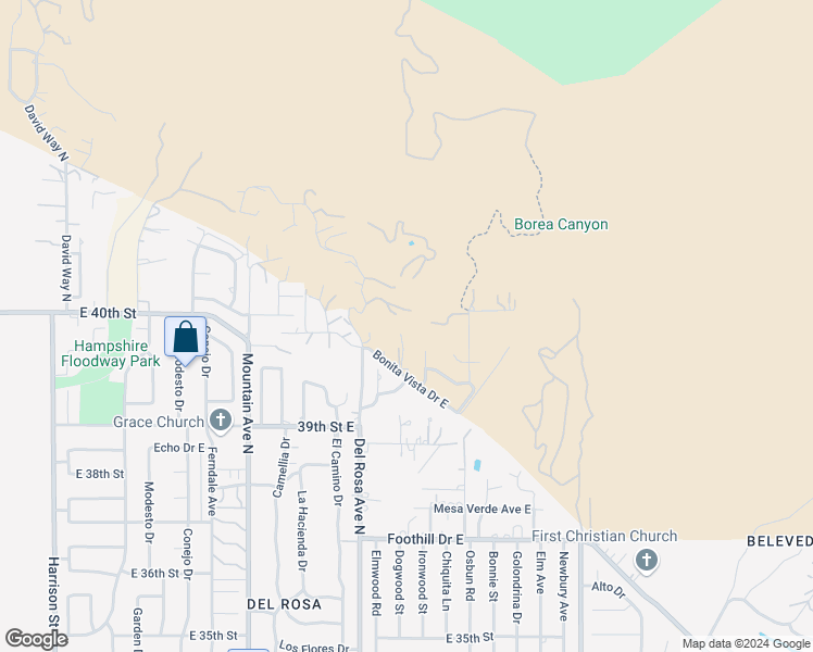 map of restaurants, bars, coffee shops, grocery stores, and more near 1694 Bonita Vista Drive East in San Bernardino