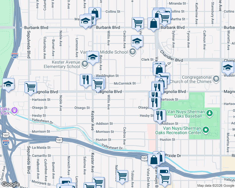 map of restaurants, bars, coffee shops, grocery stores, and more near 14728 Magnolia Boulevard in Los Angeles