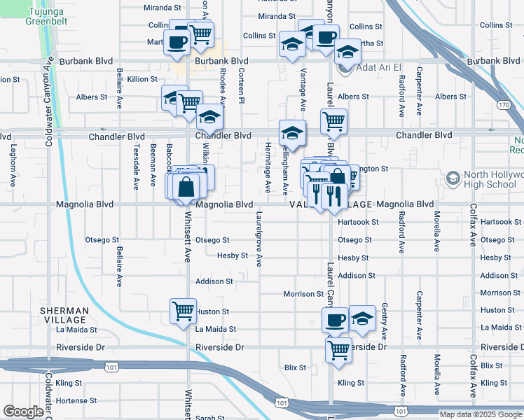 map of restaurants, bars, coffee shops, grocery stores, and more near 12260 Magnolia Boulevard in Los Angeles