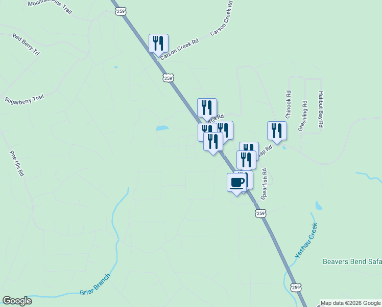 map of restaurants, bars, coffee shops, grocery stores, and more near 215 Poplar Road Road in Broken Bow