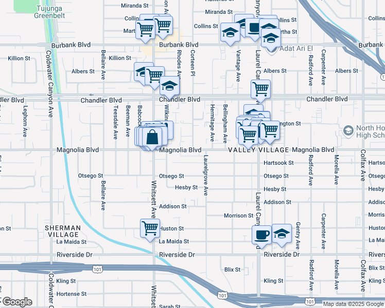 map of restaurants, bars, coffee shops, grocery stores, and more near 12330 Magnolia Boulevard in Los Angeles