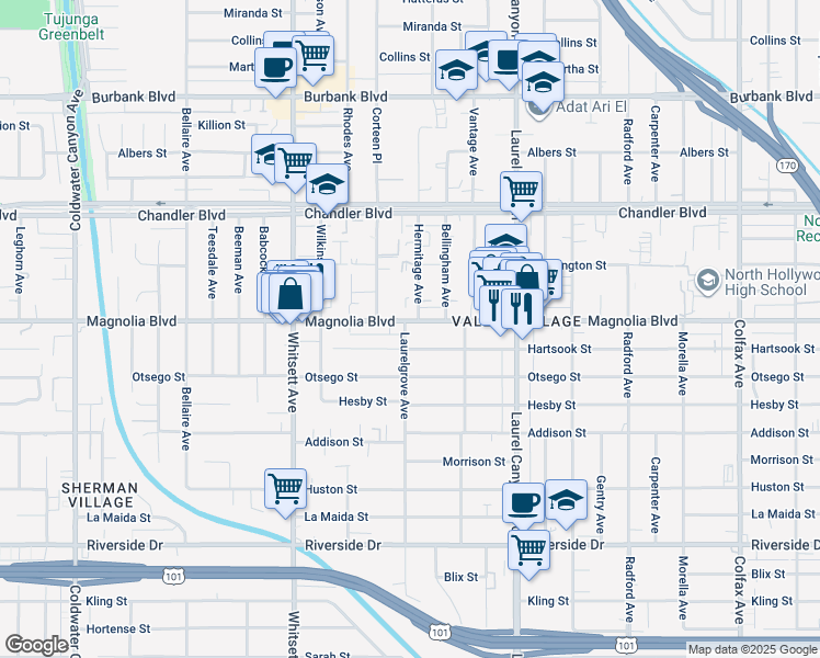 map of restaurants, bars, coffee shops, grocery stores, and more near 12260 Magnolia Boulevard in Los Angeles