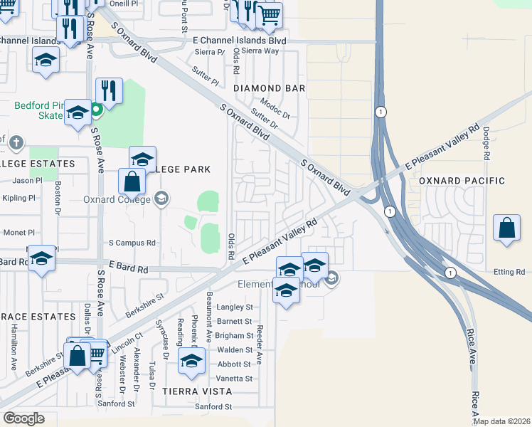 map of restaurants, bars, coffee shops, grocery stores, and more near 2178 Thrush Avenue in Oxnard