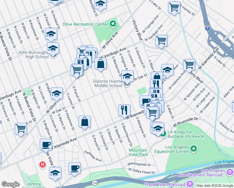 map of restaurants, bars, coffee shops, grocery stores, and more near 419 South Griffith Park Drive in Burbank