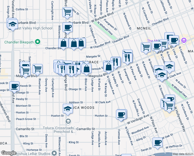 map of restaurants, bars, coffee shops, grocery stores, and more near 4710 West Magnolia Boulevard in Burbank