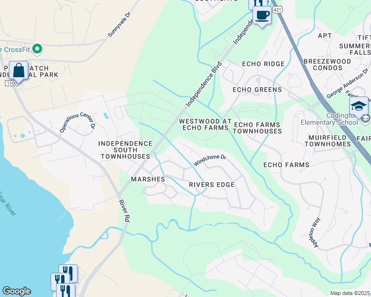 map of restaurants, bars, coffee shops, grocery stores, and more near 3818 Rounding Bend Lane in Wilmington