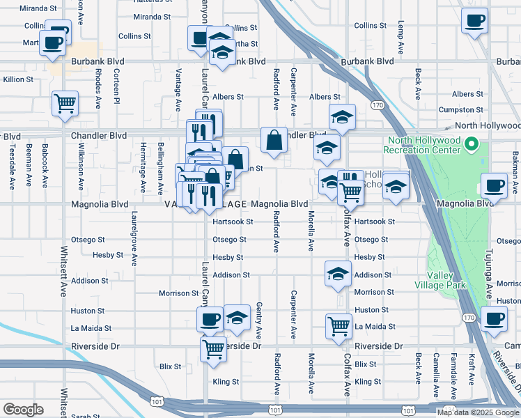 map of restaurants, bars, coffee shops, grocery stores, and more near 11942 Hartsook Street in Los Angeles