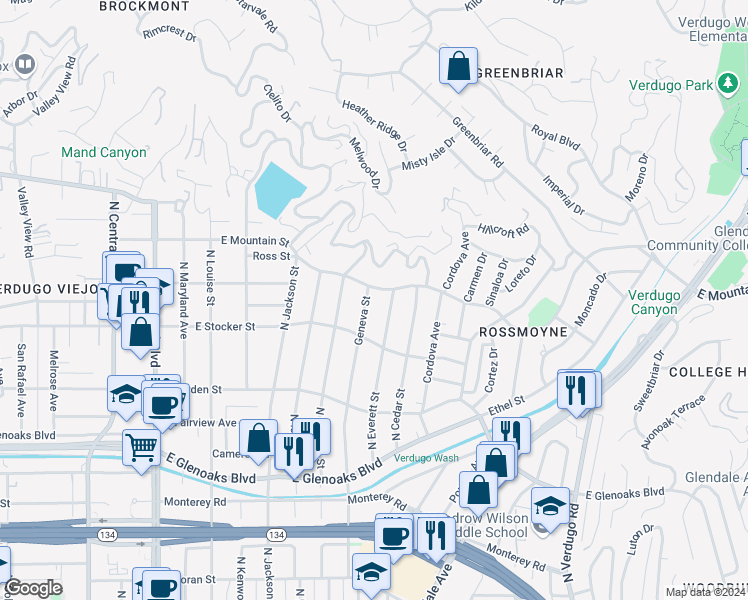 map of restaurants, bars, coffee shops, grocery stores, and more near 1234 Geneva Street in Glendale