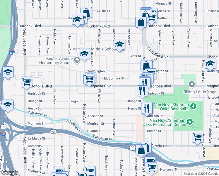 map of restaurants, bars, coffee shops, grocery stores, and more near 14718 Magnolia Boulevard in Los Angeles