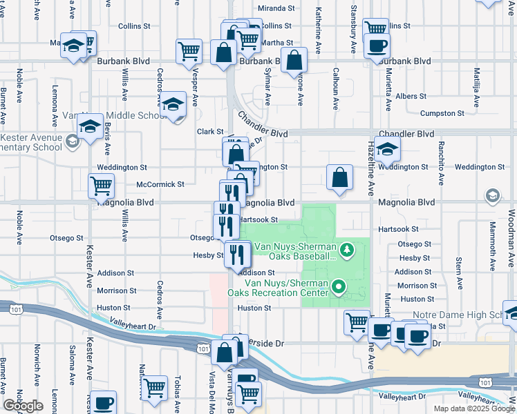 map of restaurants, bars, coffee shops, grocery stores, and more near 14424 Magnolia Boulevard in Los Angeles