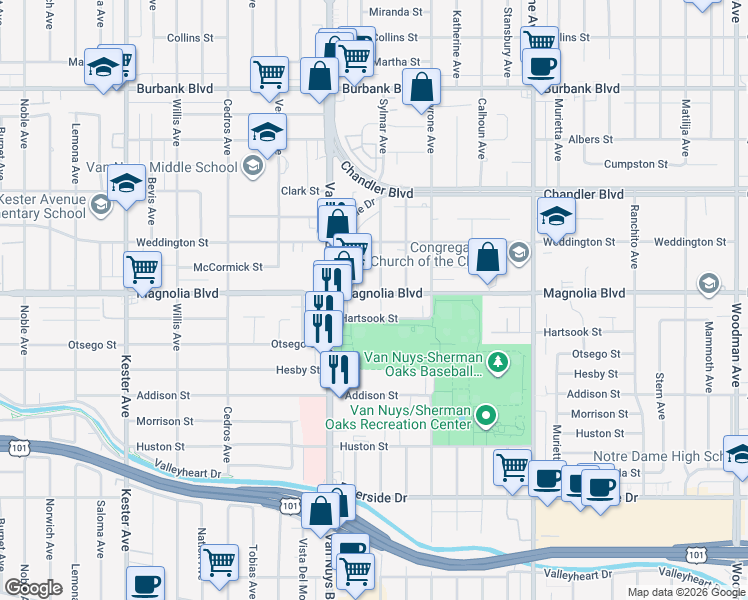 map of restaurants, bars, coffee shops, grocery stores, and more near 14410 Magnolia Boulevard in Los Angeles