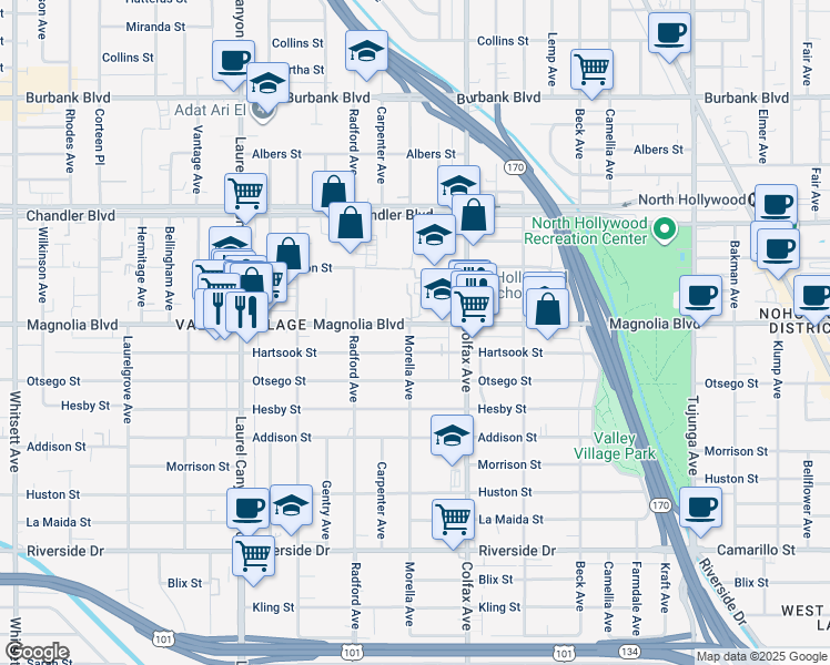 map of restaurants, bars, coffee shops, grocery stores, and more near 11805 Hartsook Street in Los Angeles