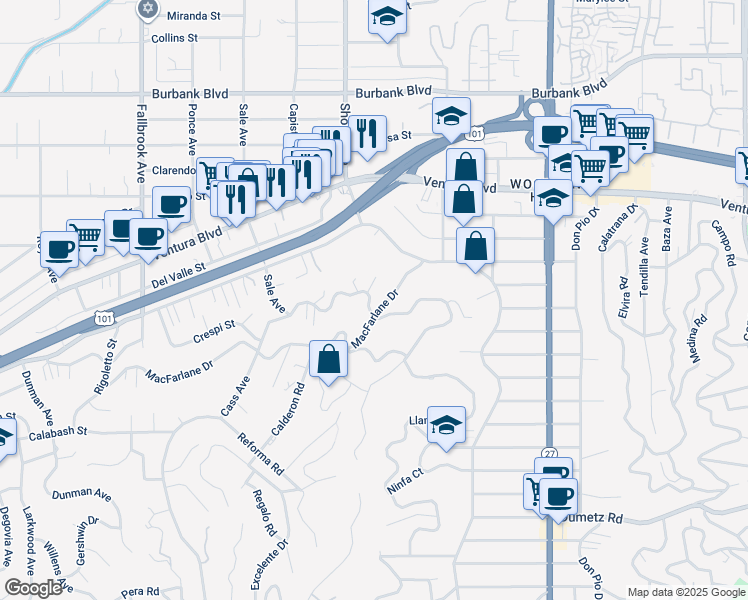 map of restaurants, bars, coffee shops, grocery stores, and more near 22319 Macfarlane Drive in Los Angeles