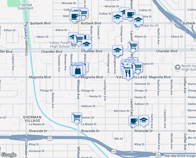 map of restaurants, bars, coffee shops, grocery stores, and more near 12330 Magnolia Boulevard in Los Angeles