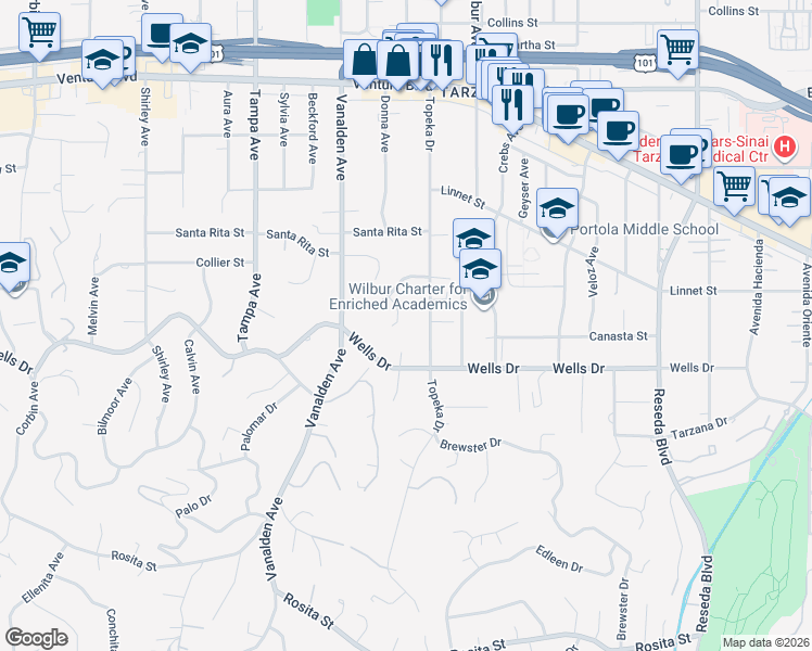 map of restaurants, bars, coffee shops, grocery stores, and more near 5160 Donna Avenue in Los Angeles