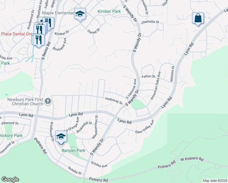 map of restaurants, bars, coffee shops, grocery stores, and more near 3338 Corning Street in Thousand Oaks