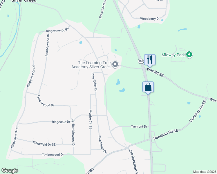 map of restaurants, bars, coffee shops, grocery stores, and more near 1168 Old Rockmart Road Southeast in Silver Creek
