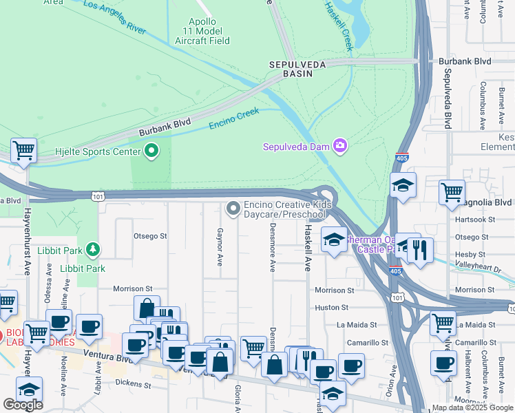 map of restaurants, bars, coffee shops, grocery stores, and more near 5161 Densmore Avenue in Los Angeles