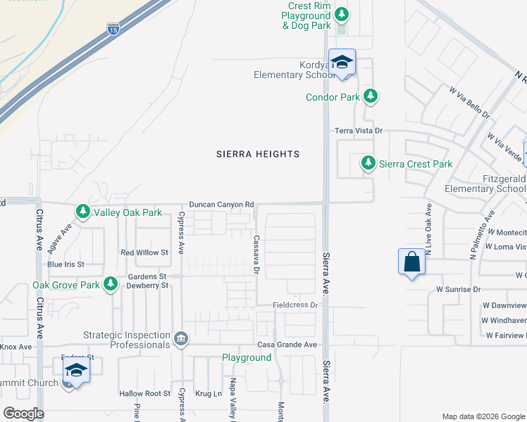 map of restaurants, bars, coffee shops, grocery stores, and more near 4936 Sierra Avenue in Fontana