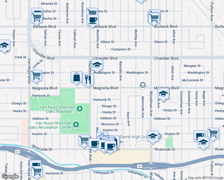 map of restaurants, bars, coffee shops, grocery stores, and more near 13936 Magnolia Boulevard in Los Angeles