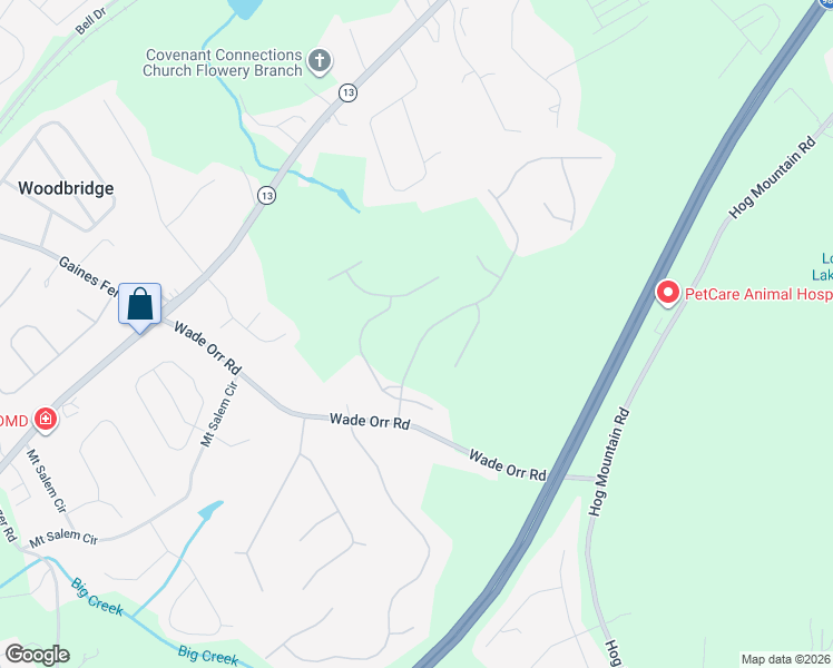 map of restaurants, bars, coffee shops, grocery stores, and more near 6199 Compass Drive in Flowery Branch