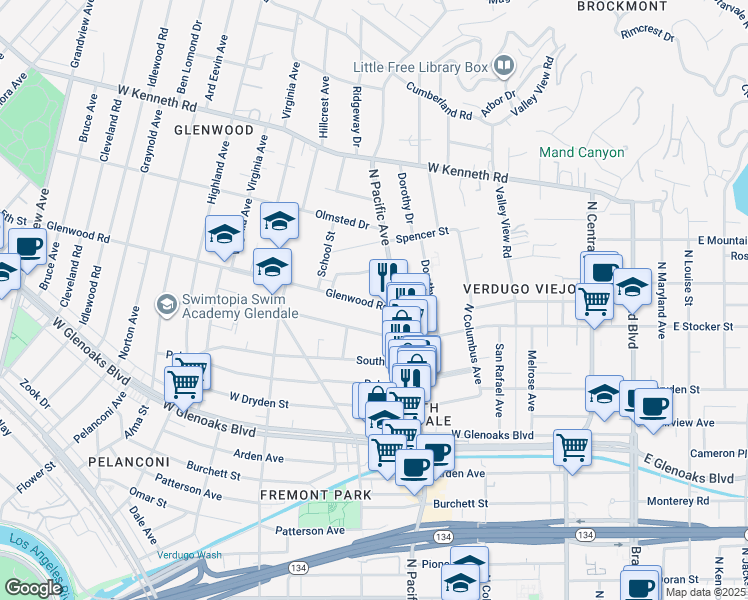map of restaurants, bars, coffee shops, grocery stores, and more near 521 Glenwood Road in Glendale