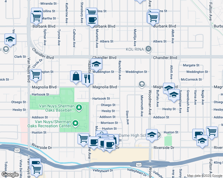 map of restaurants, bars, coffee shops, grocery stores, and more near 13936 Magnolia Boulevard in Los Angeles