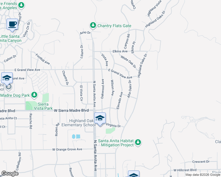map of restaurants, bars, coffee shops, grocery stores, and more near 1801 Wilson Avenue in Arcadia