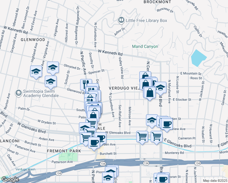 map of restaurants, bars, coffee shops, grocery stores, and more near 1236 North Columbus Avenue in Glendale