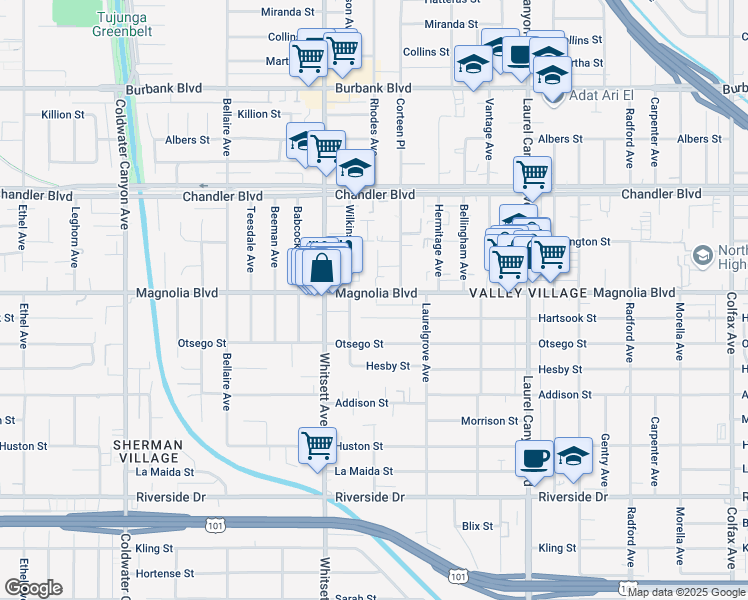 map of restaurants, bars, coffee shops, grocery stores, and more near 12400 West Magnolia Boulevard in Los Angeles