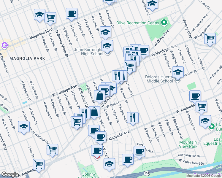 map of restaurants, bars, coffee shops, grocery stores, and more near 125 North Keystone Street in Burbank
